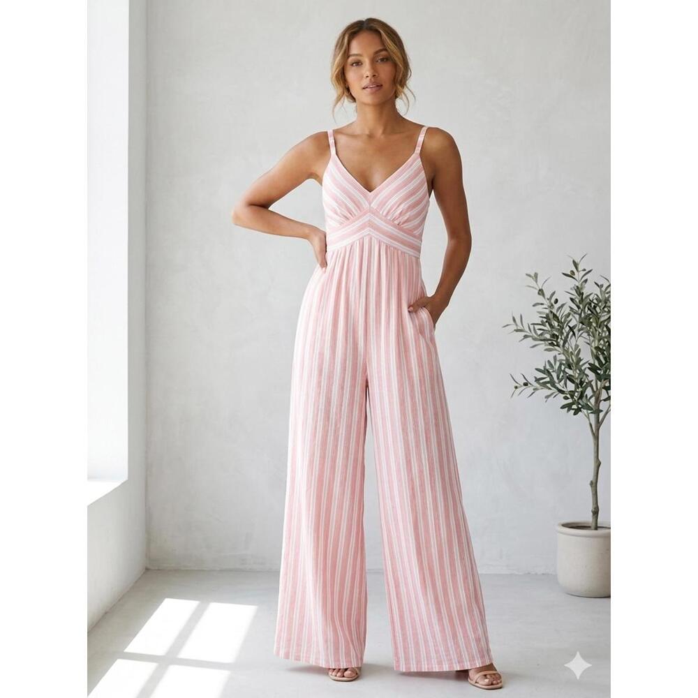 American Eagle coral & White Striped WideLeg Jumpsuit L NWOT